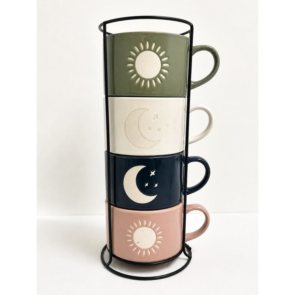 Thyme & Table Stackable Stoneware Celestial Moon Sun Coffee Mug Set Metal Rack